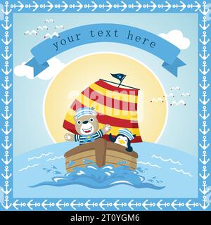 Invitation card templates with anchor frame border, vector cartoon of bear and penguin in sailor costume on sailboat Stock Vector