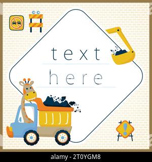 Vector cartoon of cute giraffe on truck, construction elements. Invitation card templates Stock Vector