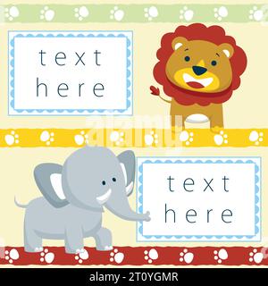 Invitation card templates with funny lion and elephant, vector cartoon illustration Stock Vector