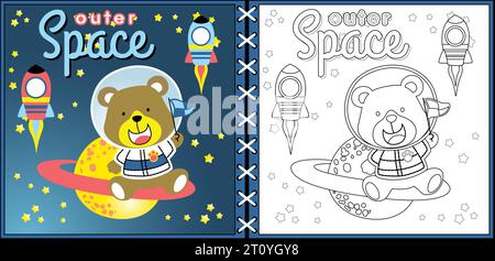 Vector cartoon of funny bear in astronaut costume sitting on Saturn planet with rocket, space element, coloring page or book Stock Vector