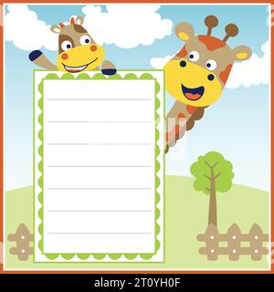 Frame border template, vector cartoon of funny animals on nature background, cow with giraffe Stock Vector