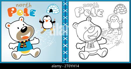 Vector cartoon of polar bear with skiing penguin, coloring page or book Stock Vector