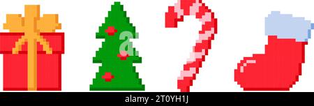 Pixel objects set. Christmas tree, socks, candy cane, gift pixelated elements collection. 8 bit video game xmas pack. Christmas or new year decoration bundle. Vector illustration Stock Vector