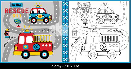 Vector cartoon of rescue vehicles in road, traffic elements illustration, coloring page or book Stock Vector