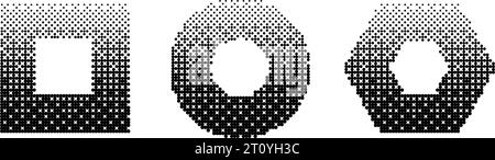 Geometric frames bitmap set. Dither gradient shapes collection. Ring, square, hexagon elements design elements for poster, banner, collage, booklet, brochure. Abstract pixelated shapes pack. Vector Stock Vector