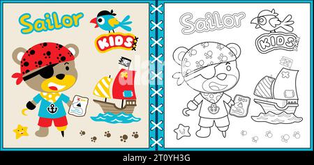 Vector cartoon of funny bear in pirate costume, pirate elements cartoon, coloring page or book Stock Vector