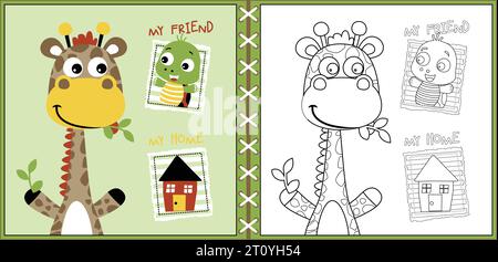 Vector cartoon of funny animals, giraffe and turtle with a little home, coloring page or book Stock Vector