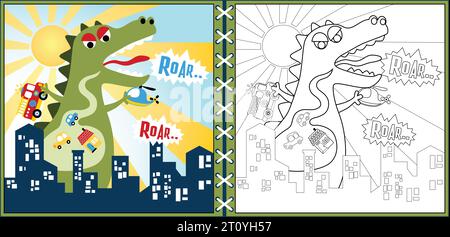 Vector cartoon of green monster attack city, coloring page or book Stock Vector