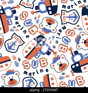 seamless vector pattern of submarine cartoon with funny bear sailor, sailor element illustration Stock Vector