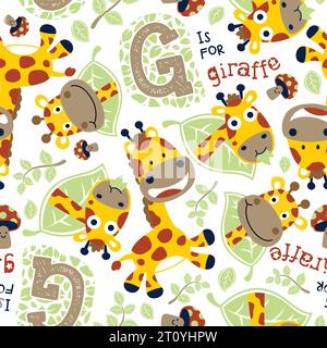 seamless vector pattern with funny giraffes cartoon, mushroom and leaves Stock Vector