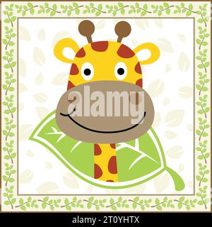 Cute smiling giraffe cartoon vector on leaves background in tree branches frame Stock Vector