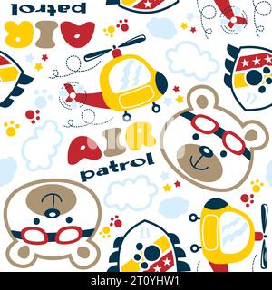 Seamless vector pattern of funny bear with helicopter, aircraft element cartoon Stock Vector
