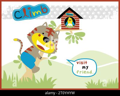 Funny cat cartoon vector climb a tree to visit his friend on tree, a hen laying eggs on tree Stock Vector