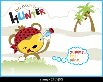 Cartoon vector of funny monkey holding binocular for looking banana Stock Vector