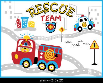 Vector of rescue vehicle cartoon with funny bear driving fire truck, city traffic elements cartoon Stock Vector