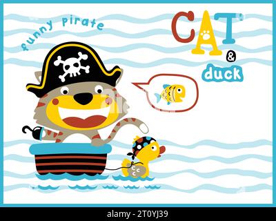 Vector cartoon of cat and duck in pirate costume in the sea Stock Vector