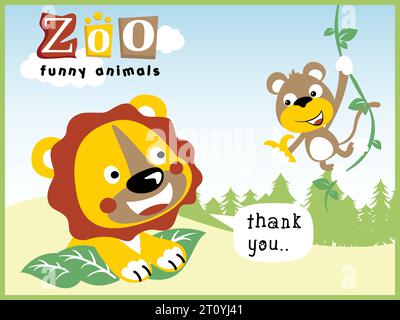 Cartoon vector of monkey carrying banana for lion, forest element cartoon Stock Vector