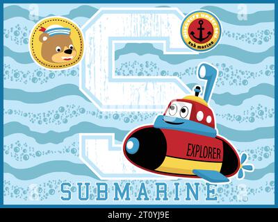 Cartoon vector of funny submarine with cute bear smile face on blue wave background, sailor element illustration Stock Vector