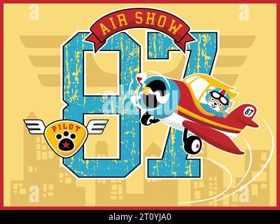Cute bear pilot cartoon vector on plane on big number background, air show elements on buildings background Stock Vector