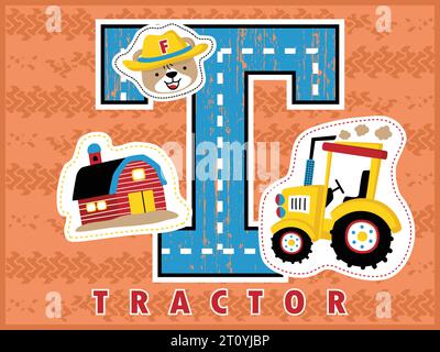 Cartoon vector of farming element, tractor, funny bear farmer, barn on tractor trail background Stock Vector