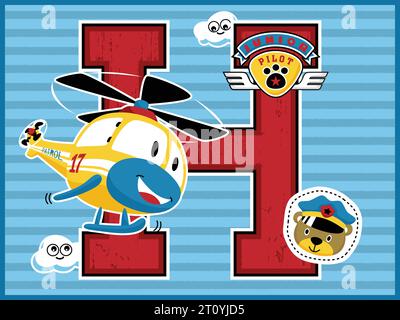 Funny helicopter cartoon vector with cute bear pilot on striped background, flight element illustration Stock Vector