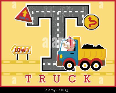 Cartoon vector of funny bear driving truck, industrial elements illustration on big T alphabet Stock Vector