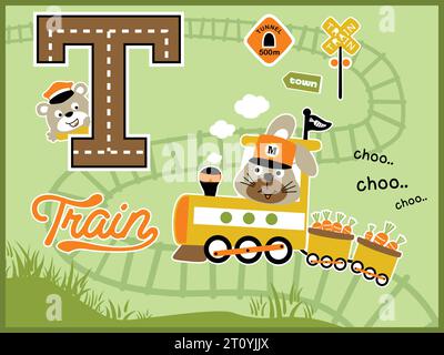 Cartoon vector of funny rabbit on steam train carrying carrots, cute bear in T letter, railroad elements cartoon Stock Vector