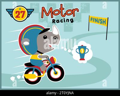 Vector cartoon of motor racing with funny rhino riding motorcycle, motor race elements illustration Stock Vector