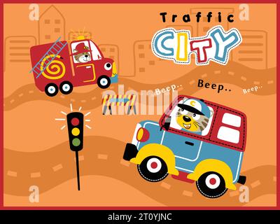 Cartoon vector of city traffic elements, funny cat driving car and fire truck Stock Vector