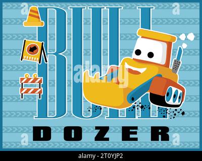 Funny bulldozer cartoon vector with construction elements on tire track background Stock Vector