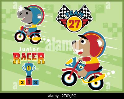 Cartoon vector of cute bear with rhino in motor racing competition, motor racing elements on motor track background Stock Vector