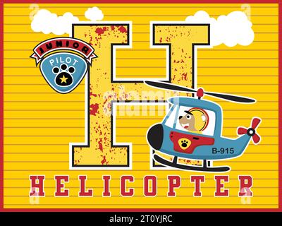 Helicopter cartoon vector with funny bear pilot, aircraft with big H letter on striped background Stock Vector