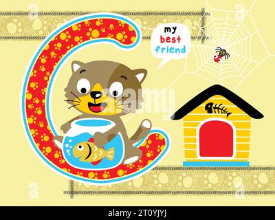 Vector cartoon of funny cat hugging fish jar, pets elements illustration with spider on cobweb Stock Vector