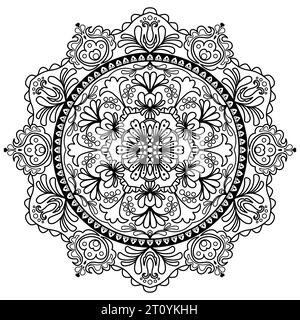 Abstract floral mandala pattern with Hungarian folk art-style motifs in black color on a white background. Stock Vector