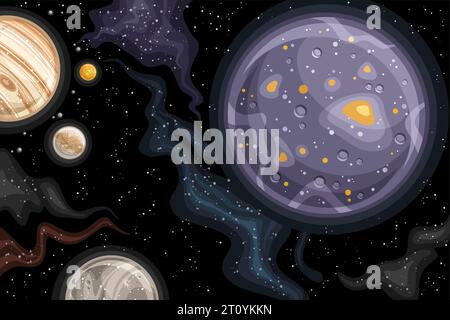 Vector Fantasy Space Chart, astronomical horizontal poster with cartoon design rotating Callisto and other satellites of Jupiter in deep space, decora Stock Vector