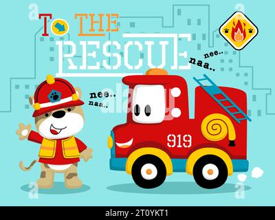 Vector illustration of cartoon cute puppy in fireman costume with funny fire truck Stock Vector