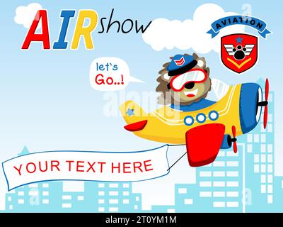 Cartoon vector of funny lion on airplane pulling banner across buildings with aviation logo Stock Vector