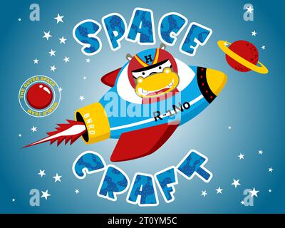 Vector illustration of cartoon funny hippo on spacecraft, space elements cartoon Stock Vector