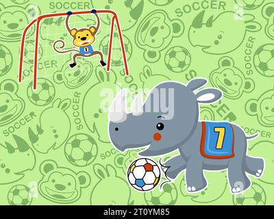Funny rhino with monkey playing soccer on animals smile face seamless pattern background. Vector cartoon illustration Stock Vector