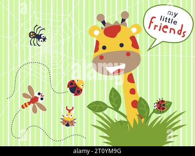 Funny giraffe cartoon with little bugs. Ladybird, beetle, dragonfly and spider on cobweb. Vector cartoon illustration Stock Vector