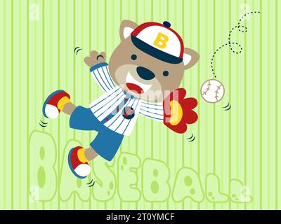 Funny cat wearing baseball player uniform jumping to catching ball in baseball match. Vector cartoon illustration Stock Vector