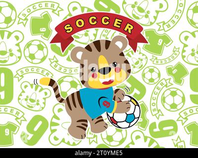 Funny little tiger holding ball on seamless pattern background of soccer elements and tiger smiling face. Vector cartoon illustration Stock Vector