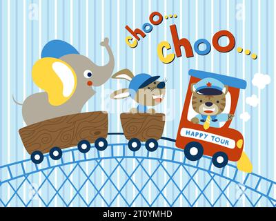 Funny tiger driving steam train with rabbit and elephant in the wagon. Vector cartoon illustration Stock Vector