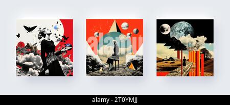 Wall Art Poster, Surrealism Illustration, Undercover Surreal Aesthetic, Retro Woman with Moon, Earth and Pyramid, Modern Designer Collage Stock Vector