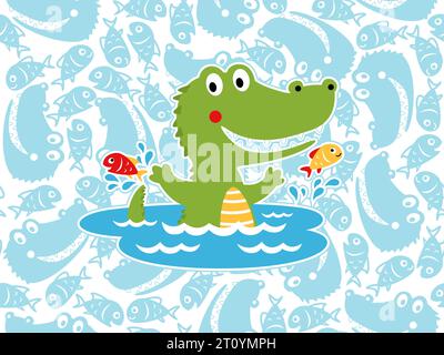 Vector of funny crocodile cartoon with two fish in swamp on seamless pattern background of fishes and crocodile face Stock Vector