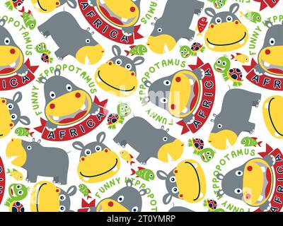 Seamless pattern vector of hippopotamus cartoon, turtle and fish Stock Vector
