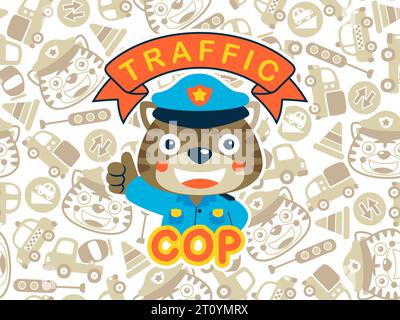 Cute tiger in traffic cop  costume on seamless pattern background, including cars, traffic sign, tiger head Stock Vector