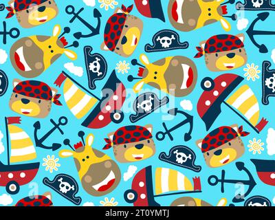 seamless pattern vector of funny animals smile face cartoon with pirate elements illustration Stock Vector