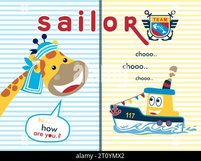 Vector illustration of giraffe wearing sailor accessories with smiling boat cartoon on striped background, sailing elements Stock Vector