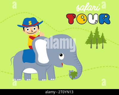 vector illustration of cartoon boy wearing cowboy cap riding elephant, safari tour element Stock Vector